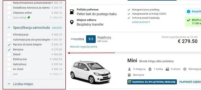 Filtry wyboru samochodu na Discovercars