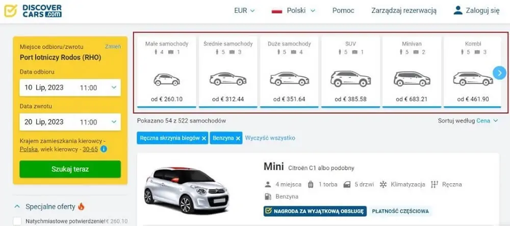 Kategorii pojazdu na Discovercars